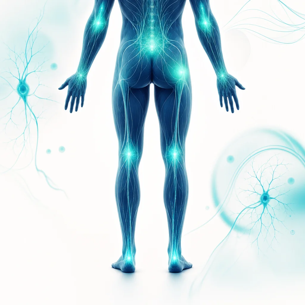 Stylised anatomical figure with the nerve pathways of the body traced in light