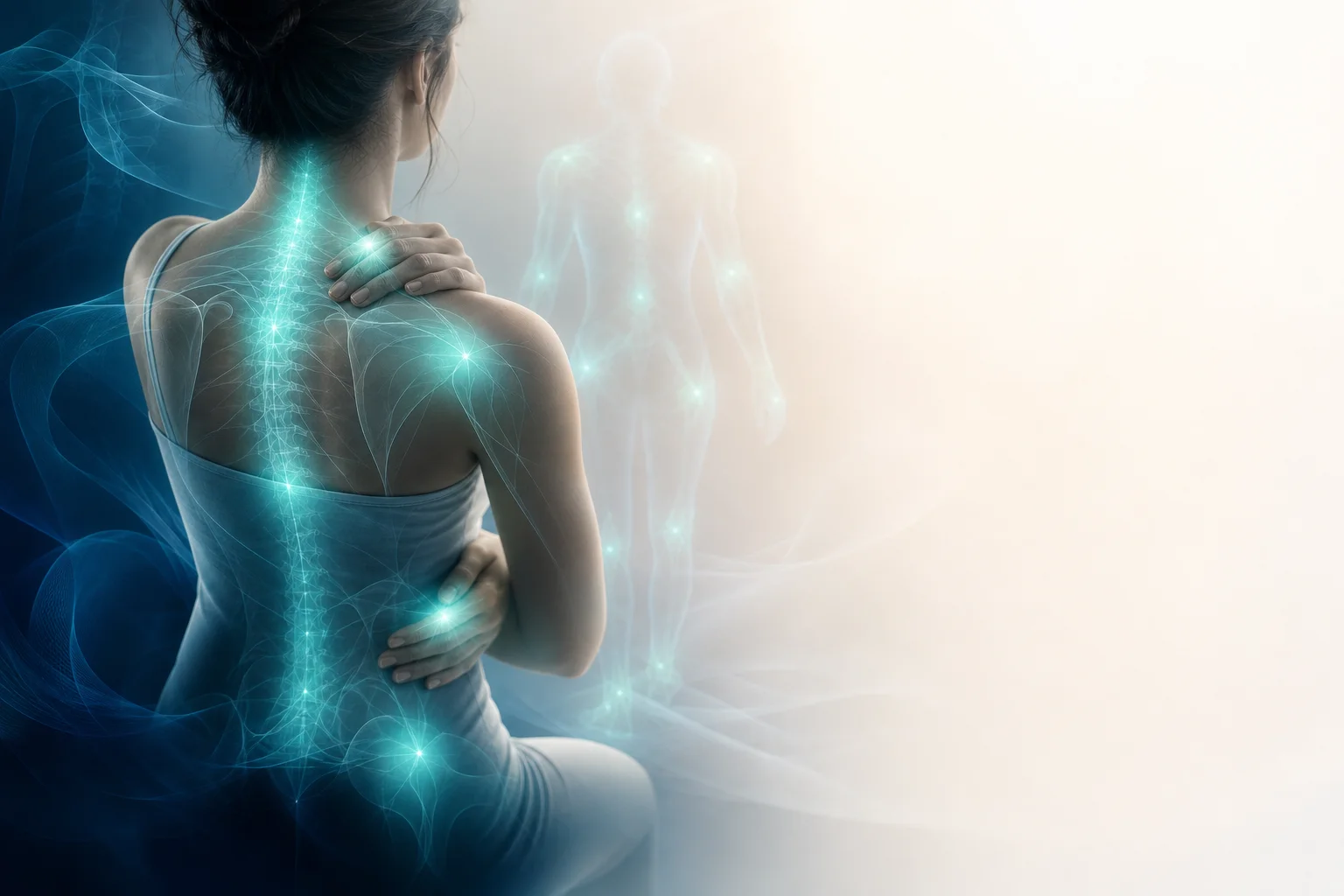 A person seen from behind, the spine traced in soft light