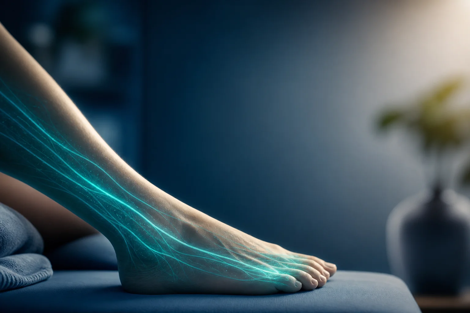A resting lower leg and foot with its nerve pathways traced in light