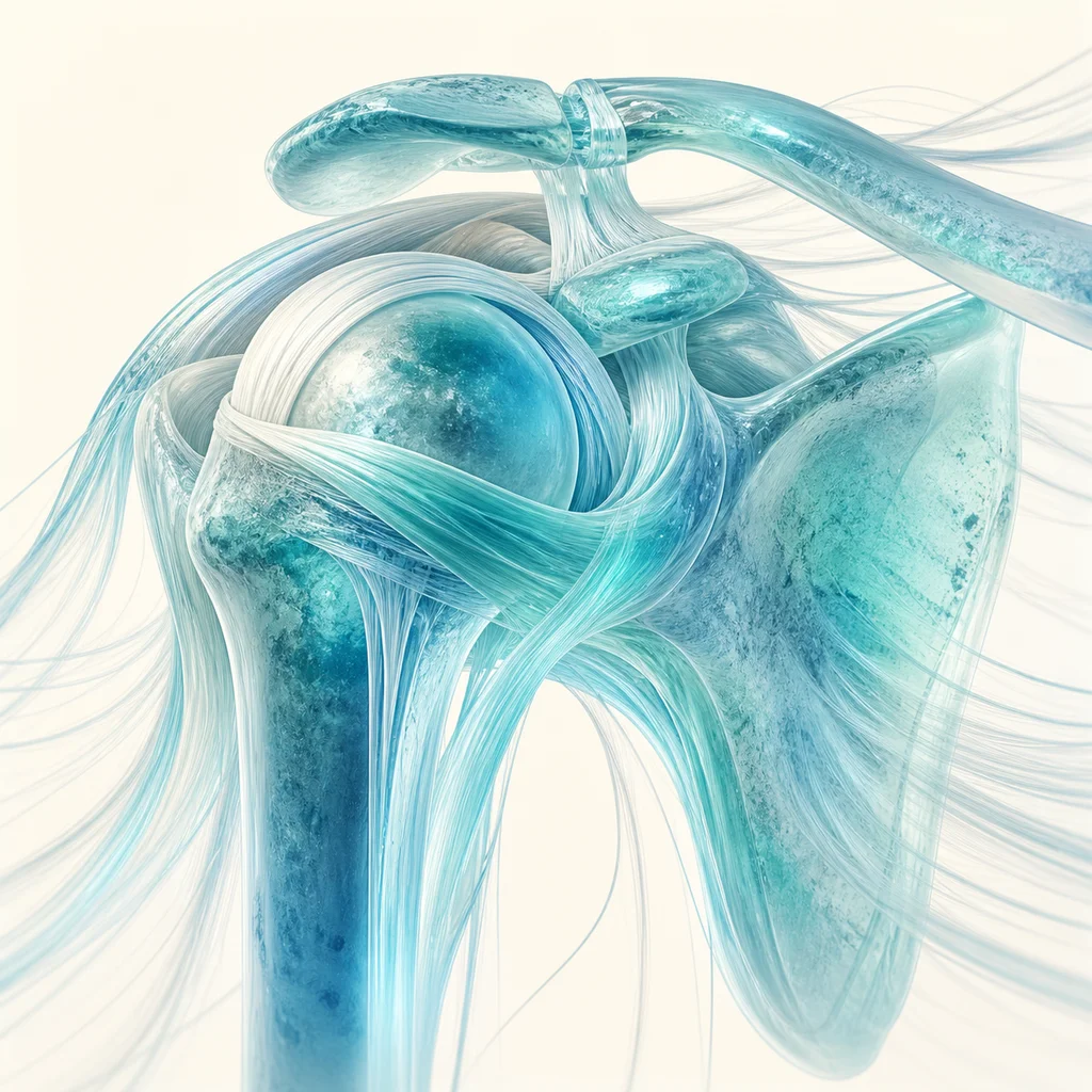 Anatomical illustration of the shoulder joint showing the humerus head, socket, and rotator cuff tendons